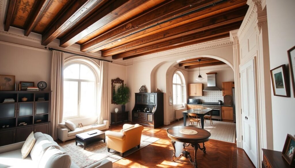 A beautifully restored vintage apartment interior showcasing original architectural features. In the foreground, an elegantly restored wooden beam ceiling and intricate moldings highlight the craftsmanship of the historical building. The middle view includes a stylishly furnished living area with a mix of modern pieces and vintage furniture, creating a harmonious blend of old and new. Sunlight streams through large, arched windows, casting soft, warm light across the room. In the background, a tastefully decorated kitchen retains its original tiles while incorporating contemporary appliances, demonstrating the artistry of preserving historical elements. The atmosphere is inviting and reflective, capturing the essence of Madrid's architectural heritage. Use a wide-angle lens to provide depth and clarity, emphasizing the relationship between the original elements and modern design. A beautifully restored vintage apartment interior showcasing original architectural features. In the foreground, an elegantly restored wooden beam ceiling and intricate moldings highlight the craftsmanship of the historical building. The middle view includes a stylishly furnished living area with a mix of modern pieces and vintage furniture, creating a harmonious blend of old and new. Sunlight streams through large, arched windows, casting soft, warm light across the room. In the background, a tastefully decorated kitchen retains its original tiles while incorporating contemporary appliances, demonstrating the artistry of preserving historical elements. The atmosphere is inviting and reflective, capturing the essence of Madrid's architectural heritage. Use a wide-angle lens to provide depth and clarity, emphasizing the relationship between the original elements and modern design.