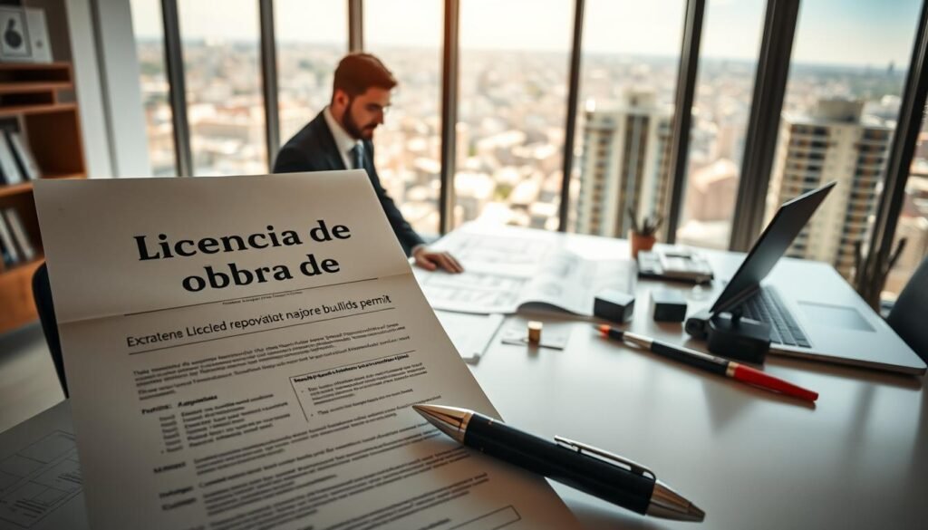 A detailed office setting showcasing a "licencia de obra" document prominently displayed in the foreground, with a pen resting beside it. The middle ground features a professional businessperson, dressed in smart attire, examining architectural plans spread across a clean desk adorned with various construction tools and a laptop. In the background, a cityscape of Madrid can be seen through large windows, sunlight streaming in to create a warm and inviting atmosphere. The scene captures the process of obtaining major building permits, evoking a sense of diligence and professionalism. The lighting is bright and natural, suggesting a productive work environment, while the angle is slightly tilted to focus on the document, emphasizing its importance in the renovation process. A detailed office setting showcasing a "licencia de obra" document prominently displayed in the foreground, with a pen resting beside it. The middle ground features a professional businessperson, dressed in smart attire, examining architectural plans spread across a clean desk adorned with various construction tools and a laptop. In the background, a cityscape of Madrid can be seen through large windows, sunlight streaming in to create a warm and inviting atmosphere. The scene captures the process of obtaining major building permits, evoking a sense of diligence and professionalism. The lighting is bright and natural, suggesting a productive work environment, while the angle is slightly tilted to focus on the document, emphasizing its importance in the renovation process.