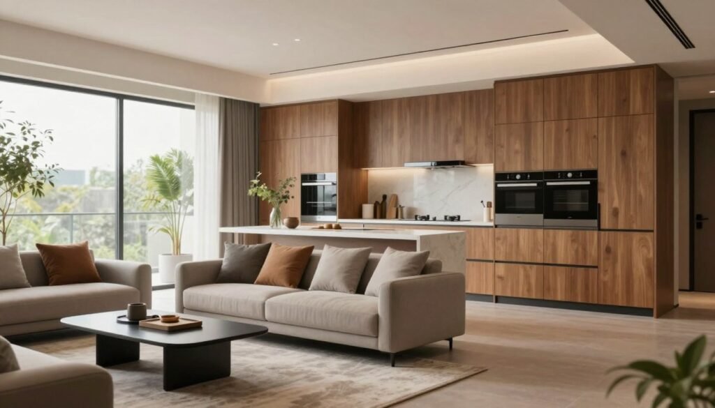 A modern and elegantly designed interior space showcasing high-quality renovation materials and craftsmanship. In the foreground, a stylish living room with sleek furniture, a tasteful rug, and an open plan layout, conveying sophistication. In the middle, a well-organized kitchen, featuring contemporary appliances and warm wooden cabinetry, highlighting attention to detail. In the background, large windows allow natural light to flood the space, creating a bright and inviting atmosphere. The overall color palette includes calming earth tones and subtle accents of greenery, enhancing the sense of comfort and quality. The scene is softly lit, emphasizing the textures and finishes, with a slight depth of field focus to draw attention to the renovations. A modern and elegantly designed interior space showcasing high-quality renovation materials and craftsmanship. In the foreground, a stylish living room with sleek furniture, a tasteful rug, and an open plan layout, conveying sophistication. In the middle, a well-organized kitchen, featuring contemporary appliances and warm wooden cabinetry, highlighting attention to detail. In the background, large windows allow natural light to flood the space, creating a bright and inviting atmosphere. The overall color palette includes calming earth tones and subtle accents of greenery, enhancing the sense of comfort and quality. The scene is softly lit, emphasizing the textures and finishes, with a slight depth of field focus to draw attention to the renovations.