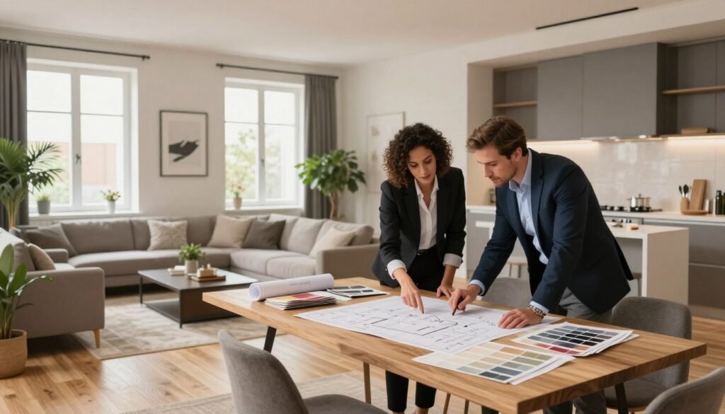 A modern interior renovation scene in Madrid, showcasing a stylish living room transformation with sleek furniture, elegant decor, and soft lighting. In the foreground, there are professionals in business attire discussing plans at a wooden table filled with blueprints and color swatches, conveying an atmosphere of collaboration. The middle ground features a beautifully refurbished space with light wood floors, large windows letting in natural light, and potted plants enhancing the ambience. In the background, a partially renovated kitchen can be seen, with modern appliances and a clean design, hinting at the ongoing work. The overall mood is one of fresh beginnings and professionalism, illuminated with warm, inviting light to create a cozy yet sophisticated feel. A modern interior renovation scene in Madrid, showcasing a stylish living room transformation with sleek furniture, elegant decor, and soft lighting. In the foreground, there are professionals in business attire discussing plans at a wooden table filled with blueprints and color swatches, conveying an atmosphere of collaboration. The middle ground features a beautifully refurbished space with light wood floors, large windows letting in natural light, and potted plants enhancing the ambience. In the background, a partially renovated kitchen can be seen, with modern appliances and a clean design, hinting at the ongoing work. The overall mood is one of fresh beginnings and professionalism, illuminated with warm, inviting light to create a cozy yet sophisticated feel.