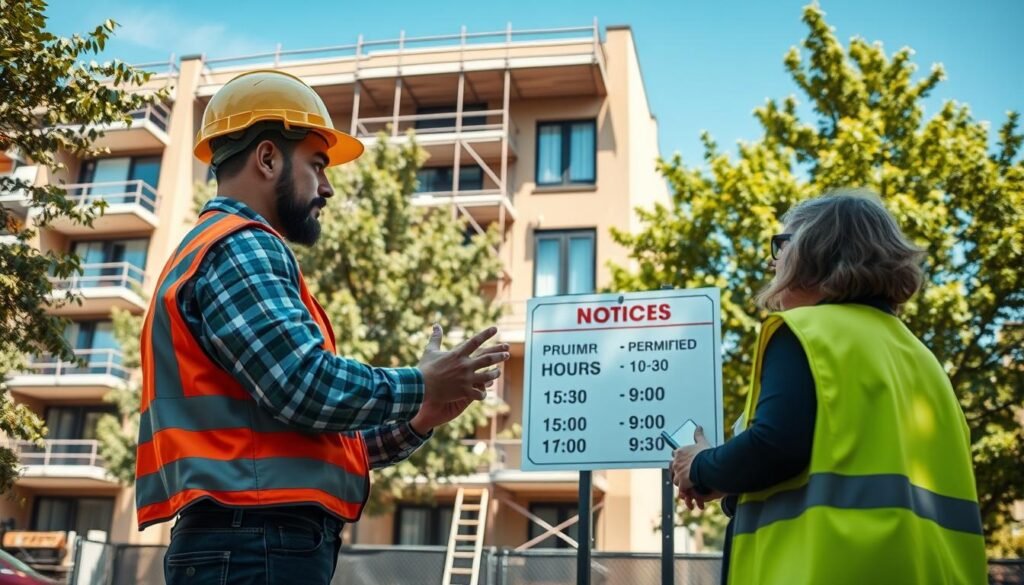 A modern urban setting showcasing a residential building under renovation, with a focus on a construction site. In the foreground, a professional contractor wearing a hard hat and safety vest discusses permitted hours with a community representative, both appearing engaged in a productive dialogue. The middle ground features scaffolding, construction equipment, and a notice board displaying construction hours prominently. In the background, trees frame the building, and a clear blue sky indicates a sunny day, evoking a sense of collaboration and community engagement. The lighting is bright and natural, casting soft shadows. The atmosphere is positive and focused, emphasizing cooperation between neighbors and the importance of following guidelines for residential construction. A modern urban setting showcasing a residential building under renovation, with a focus on a construction site. In the foreground, a professional contractor wearing a hard hat and safety vest discusses permitted hours with a community representative, both appearing engaged in a productive dialogue. The middle ground features scaffolding, construction equipment, and a notice board displaying construction hours prominently. In the background, trees frame the building, and a clear blue sky indicates a sunny day, evoking a sense of collaboration and community engagement. The lighting is bright and natural, casting soft shadows. The atmosphere is positive and focused, emphasizing cooperation between neighbors and the importance of following guidelines for residential construction.