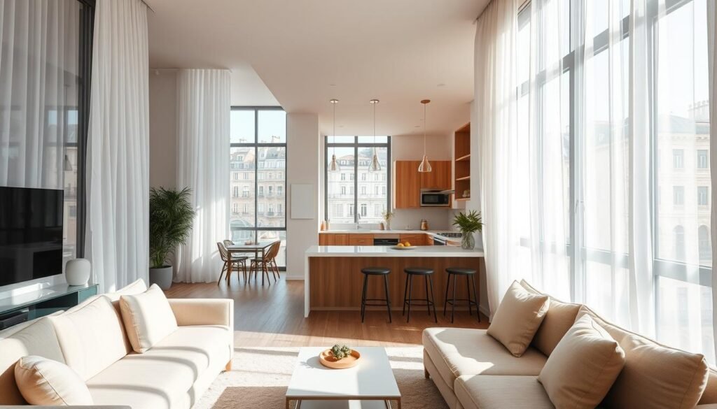 A stylish interior design scene set in a modern Madrid apartment. The foreground features a cozy living room with large windows that invite abundant natural light, accentuated by white sheer curtains. A minimalist, elegantly arranged sofa in soft tones paired with a sleek coffee table creates a welcoming atmosphere. In the middle ground, an open space connects to a contemporary kitchen with natural wood cabinets and a small dining area. The background displays a charming view of historic Madrid buildings through the expansive windows, illustrating the city's architectural blend. The lighting is warm and soft, evoking a sense of tranquility. Capture this scene with a wide-angle lens, emphasizing the spaciousness and flow of light throughout the interior. The mood is inviting and modern, showcasing the essence of maximizing natural light in urban living spaces. A stylish interior design scene set in a modern Madrid apartment. The foreground features a cozy living room with large windows that invite abundant natural light, accentuated by white sheer curtains. A minimalist, elegantly arranged sofa in soft tones paired with a sleek coffee table creates a welcoming atmosphere. In the middle ground, an open space connects to a contemporary kitchen with natural wood cabinets and a small dining area. The background displays a charming view of historic Madrid buildings through the expansive windows, illustrating the city's architectural blend. The lighting is warm and soft, evoking a sense of tranquility. Capture this scene with a wide-angle lens, emphasizing the spaciousness and flow of light throughout the interior. The mood is inviting and modern, showcasing the essence of maximizing natural light in urban living spaces.